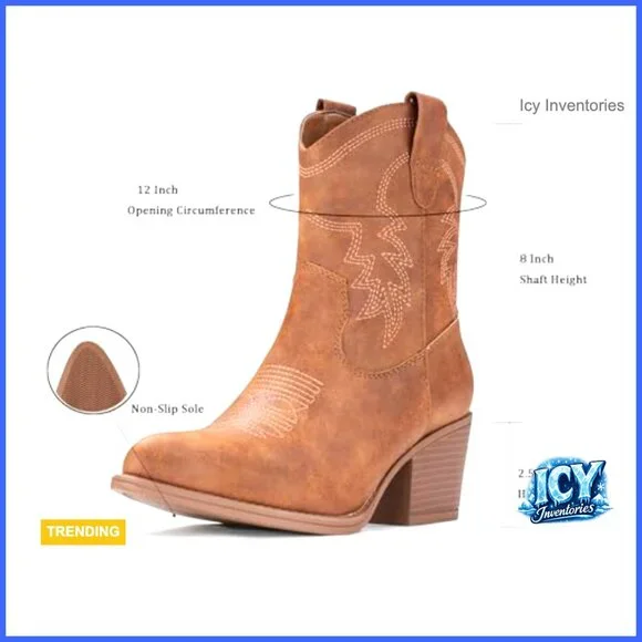 Western Cowgirl Booties with Embroidered PU Leather Ankle Boots